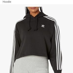 Adidas Black Cropped Hoodie With White Sleeve Stripes Sz XL